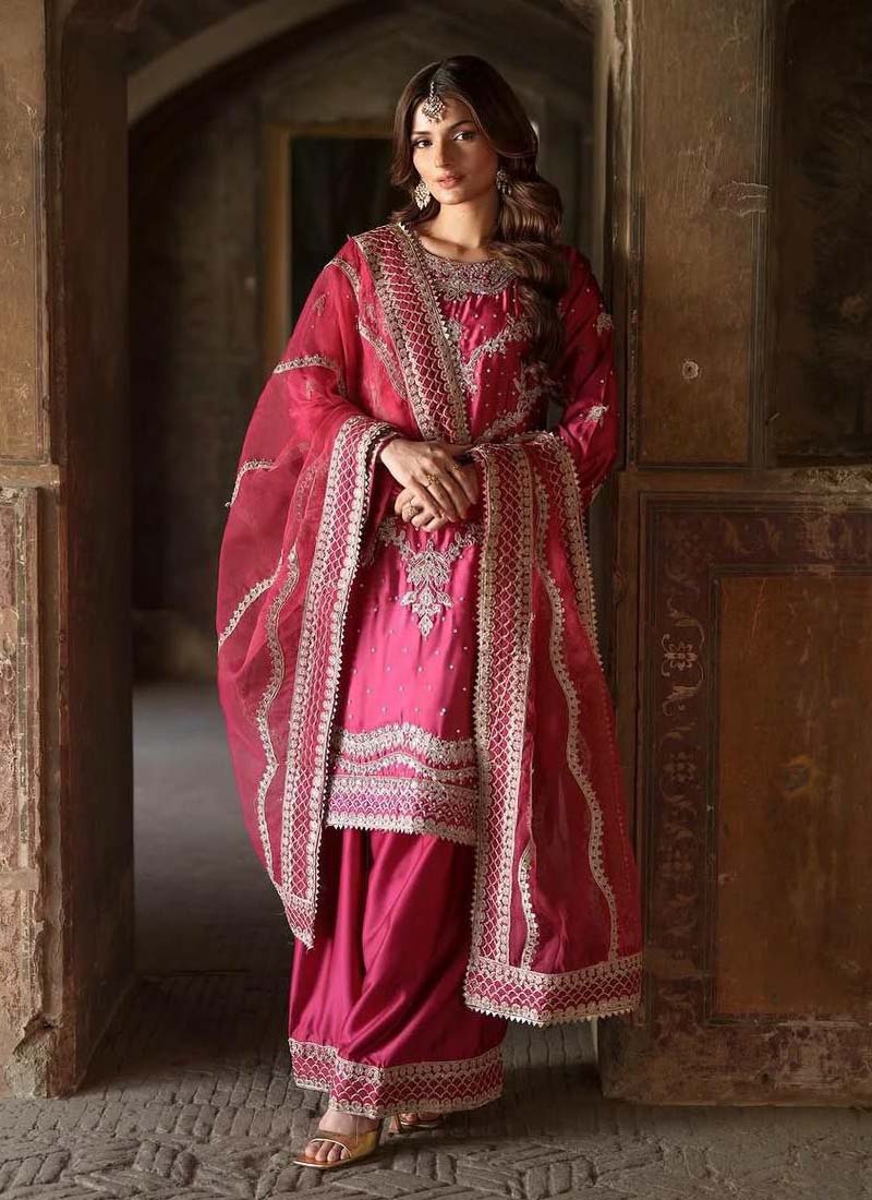 Pink Chinon Silk Embroidered Sharara Suit with Sequence Work