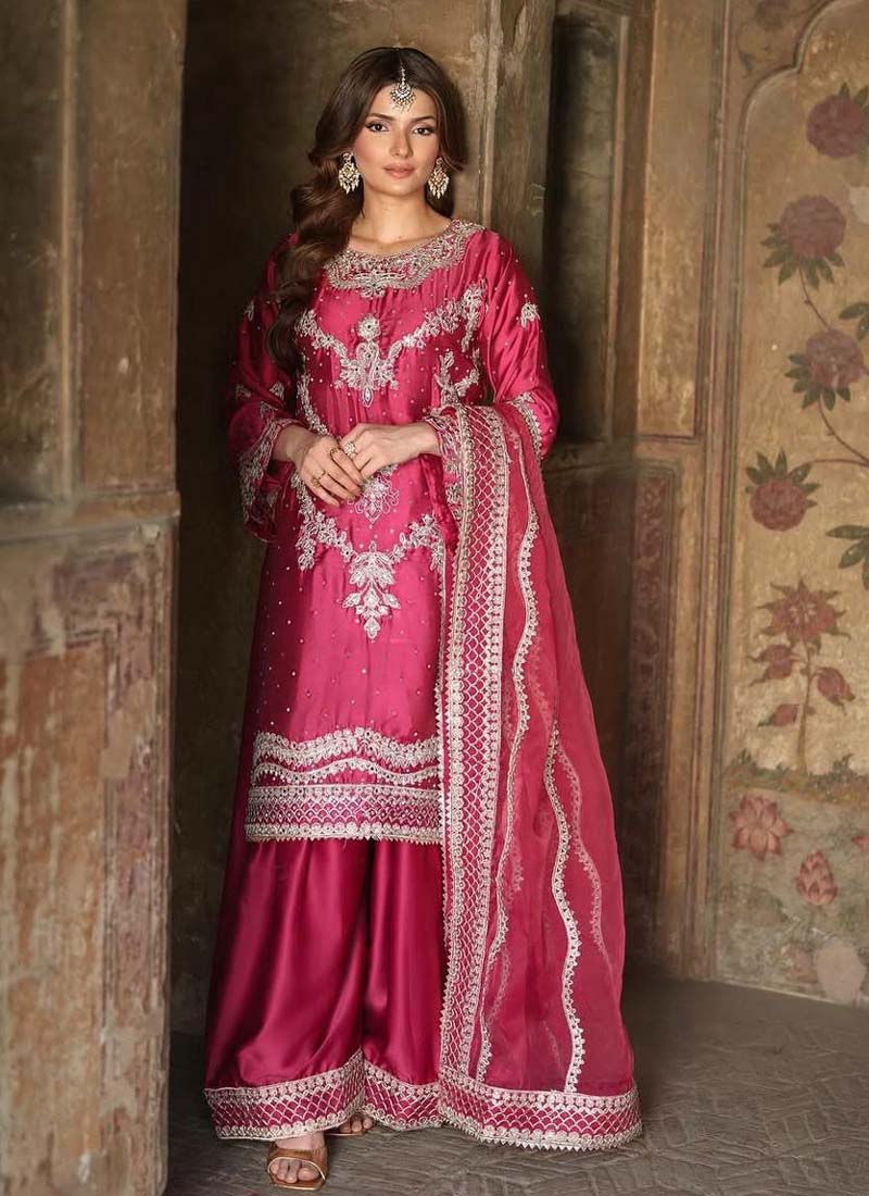 Pink Chinon Silk Embroidered Sharara Suit with Sequence Work