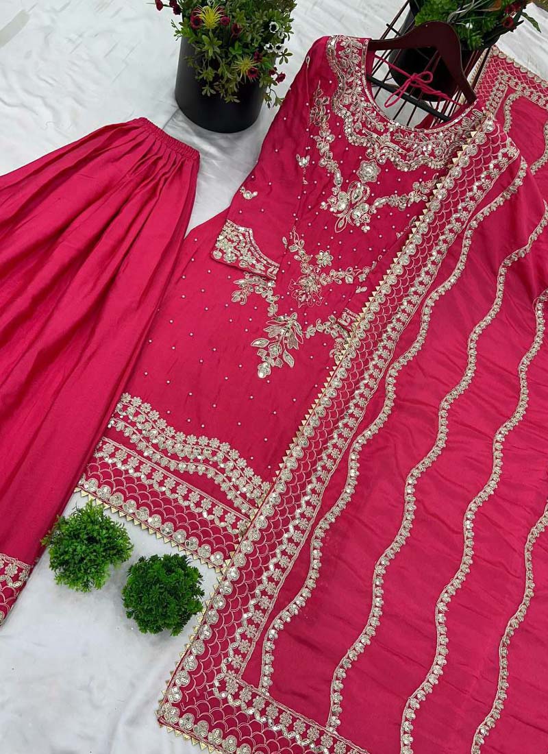 Pink Chinon Silk Embroidered Sharara Suit with Sequence Work