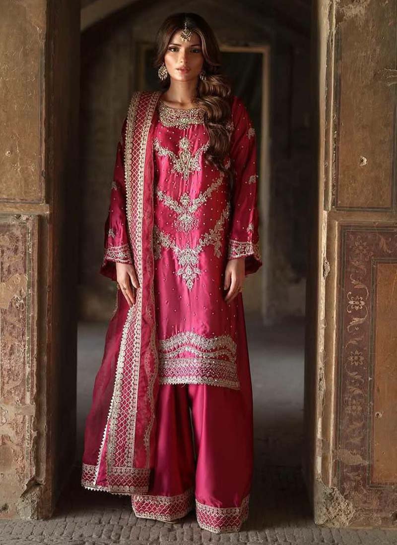 Pink Chinon silk sharara suit with intricate embroidery and sequence work