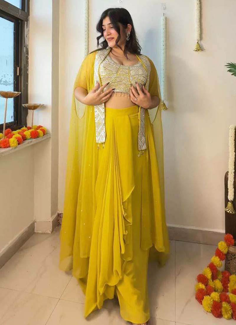 Yellow Georgette Embroidered Sequence Western Suit for Women