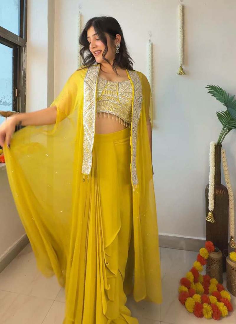 Yellow Georgette Embroidered Sequence Western Suit for Women