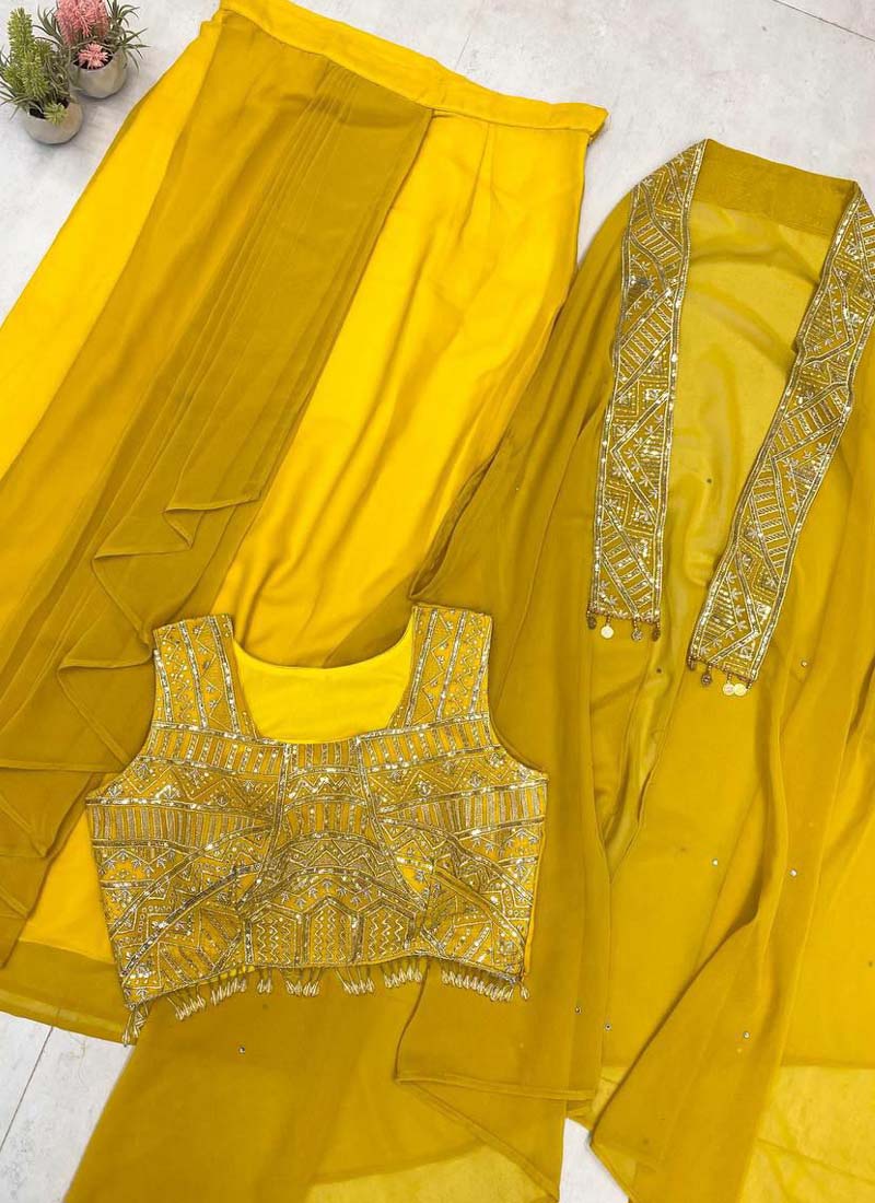 Yellow Georgette Embroidered Sequence Western Suit for Women