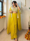 Yellow georgette western suit featuring front sequence embroidery and silver crystal latkan lace border