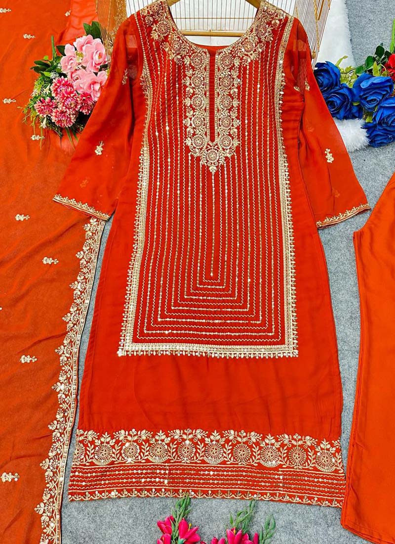 Orange Georgette Embroidered Salwar Suit Set