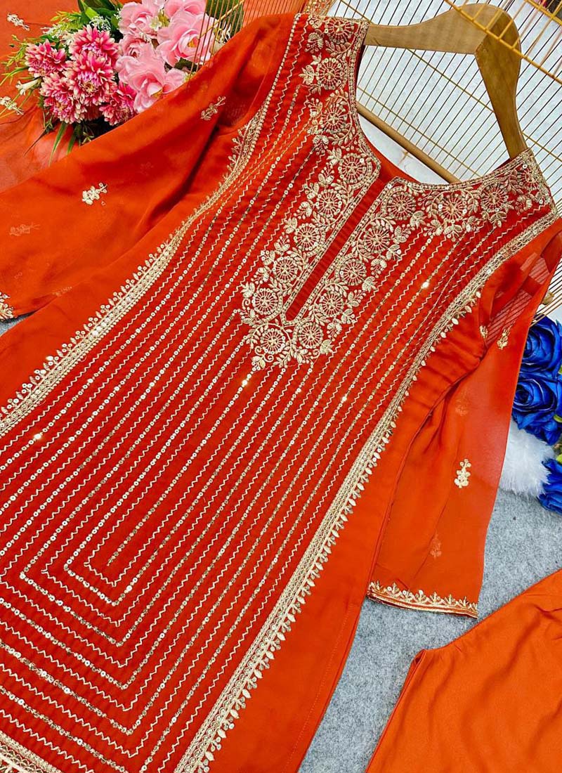 Orange Georgette Embroidered Salwar Suit Set