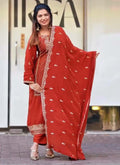 Orange fox georgette salwar suit with heavy embroidery and comfortable lining.