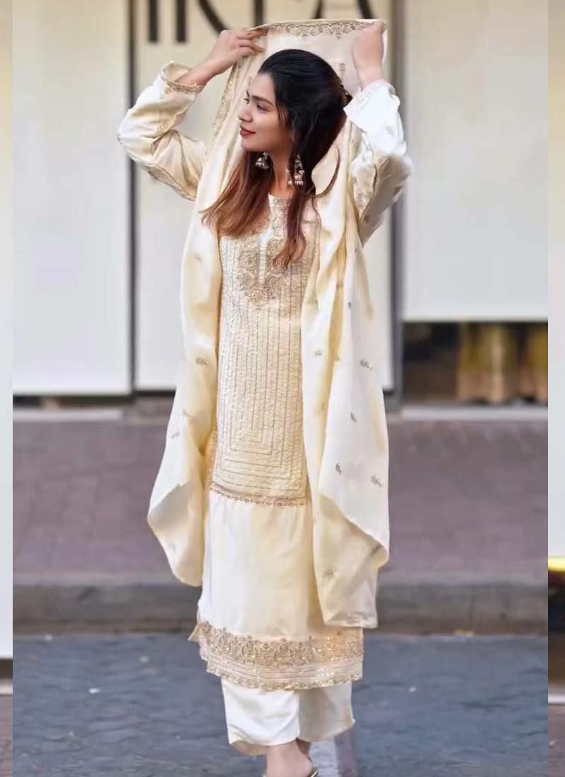 White Georgette Embroidered Salwar Suit Set