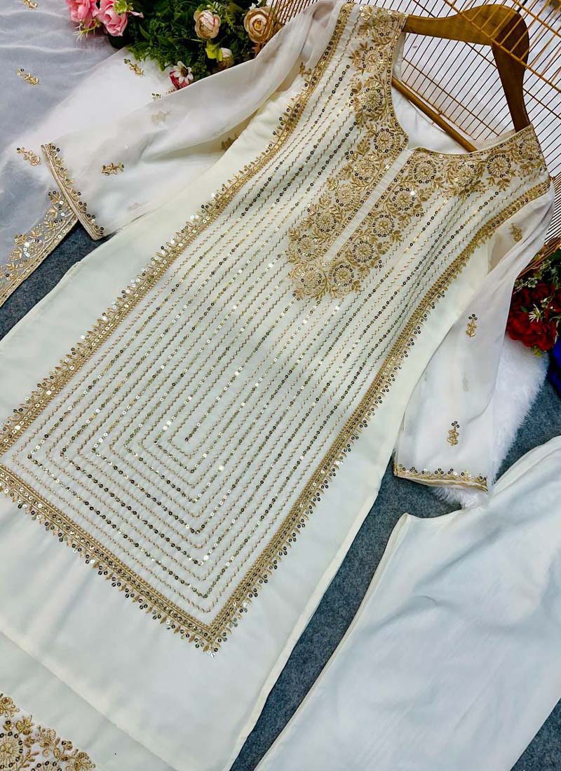 White Georgette Embroidered Salwar Suit Set