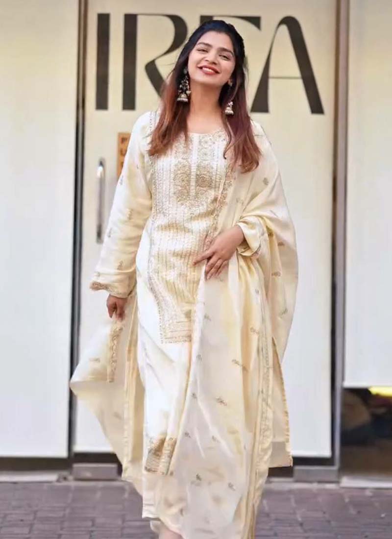 White fox georgette salwar suit with detailed embroidery and comfortable inner lining.