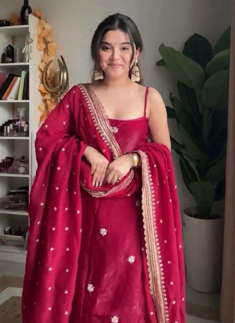 Maroon Silk Embroidered Thread Work Palazzo Suit