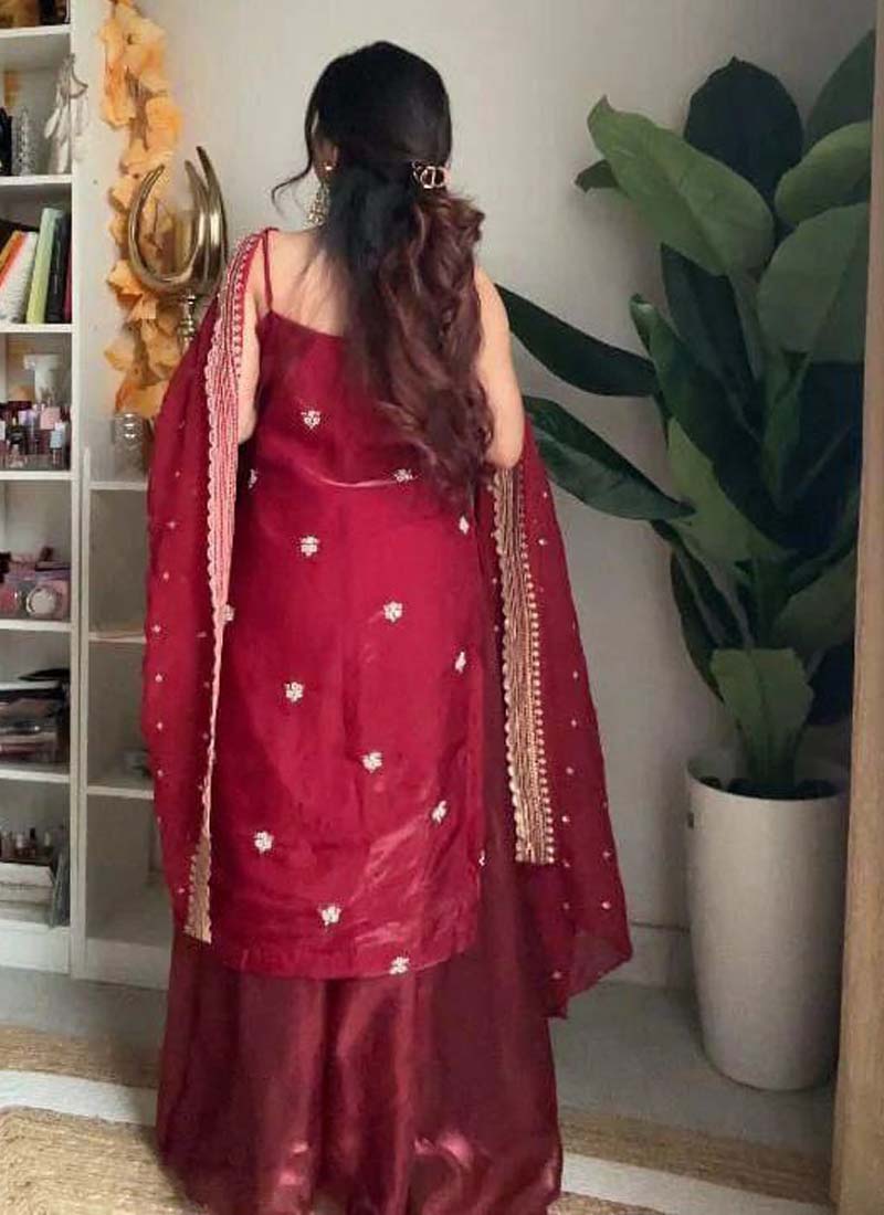 Maroon Silk Embroidered Thread Work Palazzo Suit