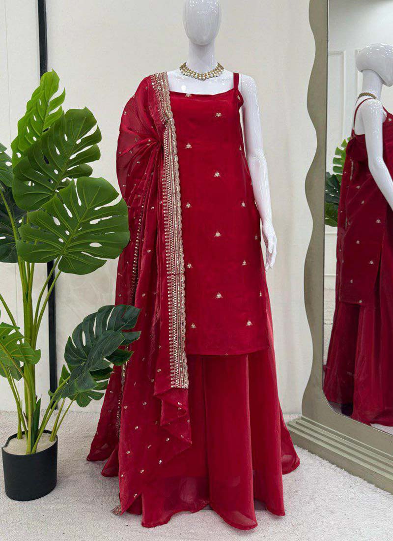 Maroon Silk Embroidered Thread Work Palazzo Suit