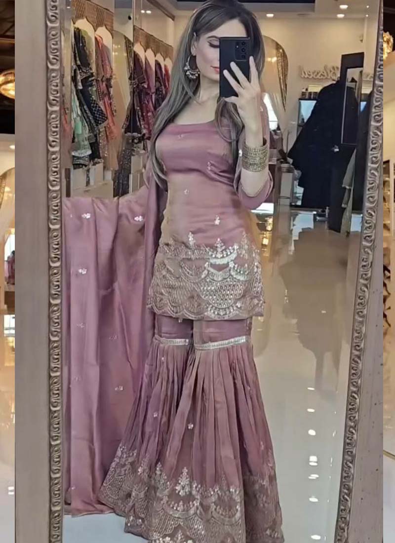 Onion Pink Chinon Silk Embroidered Palazzo Suit Set