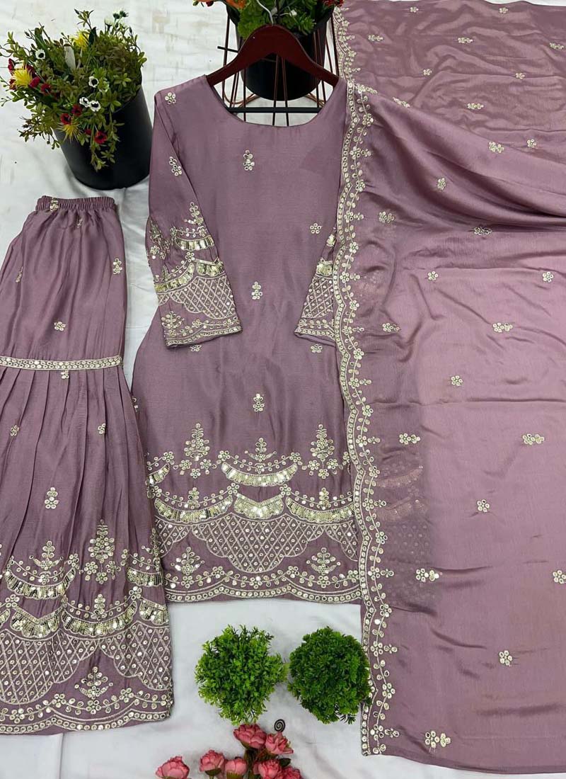 Onion Pink Chinon Silk Embroidered Palazzo Suit Set