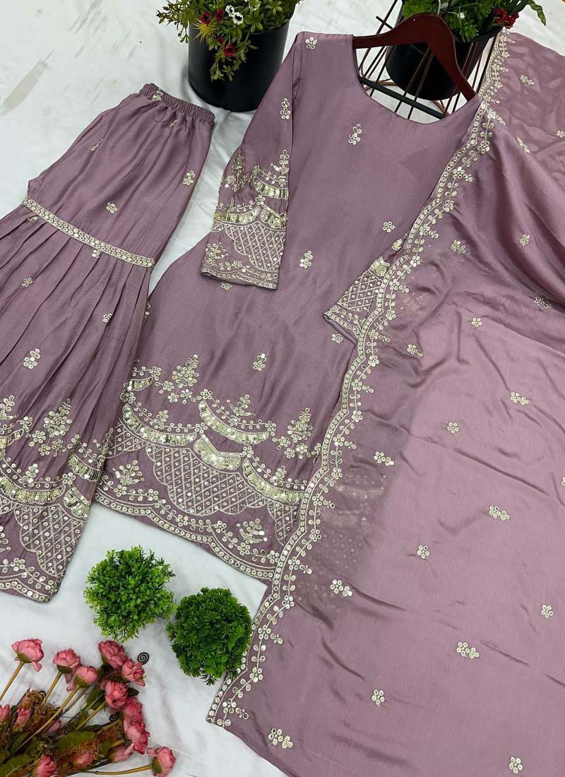 Onion Pink Chinon Silk Embroidered Palazzo Suit Set