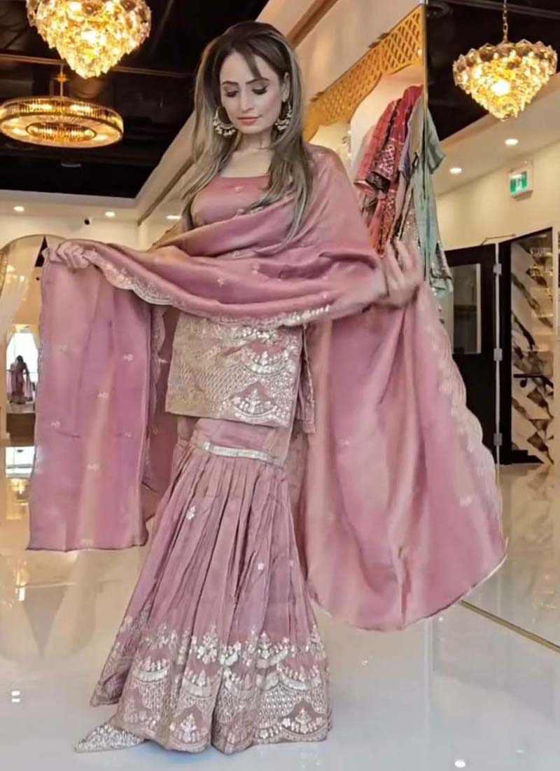 Onion Pink Chinon Silk palazzo suit with heavy 5mm sequence embroidery