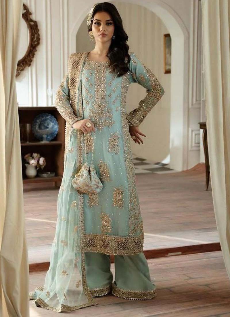 Sky Blue Georgette Embroidered Palazzo Suit Set