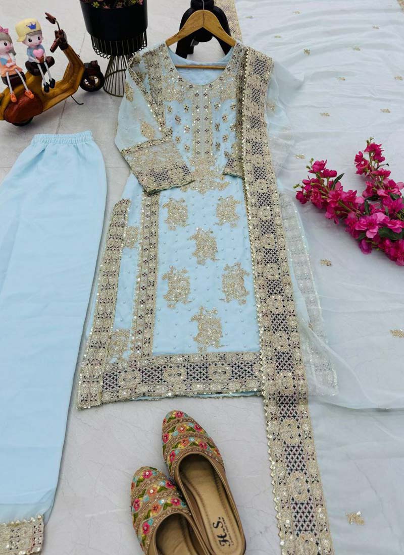 Sky Blue Georgette Embroidered Palazzo Suit Set