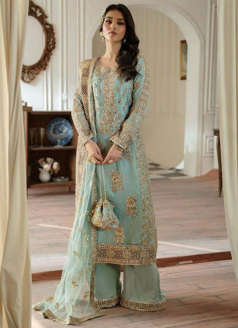 Sky blue georgette palazzo suit with codding sequence embroidery