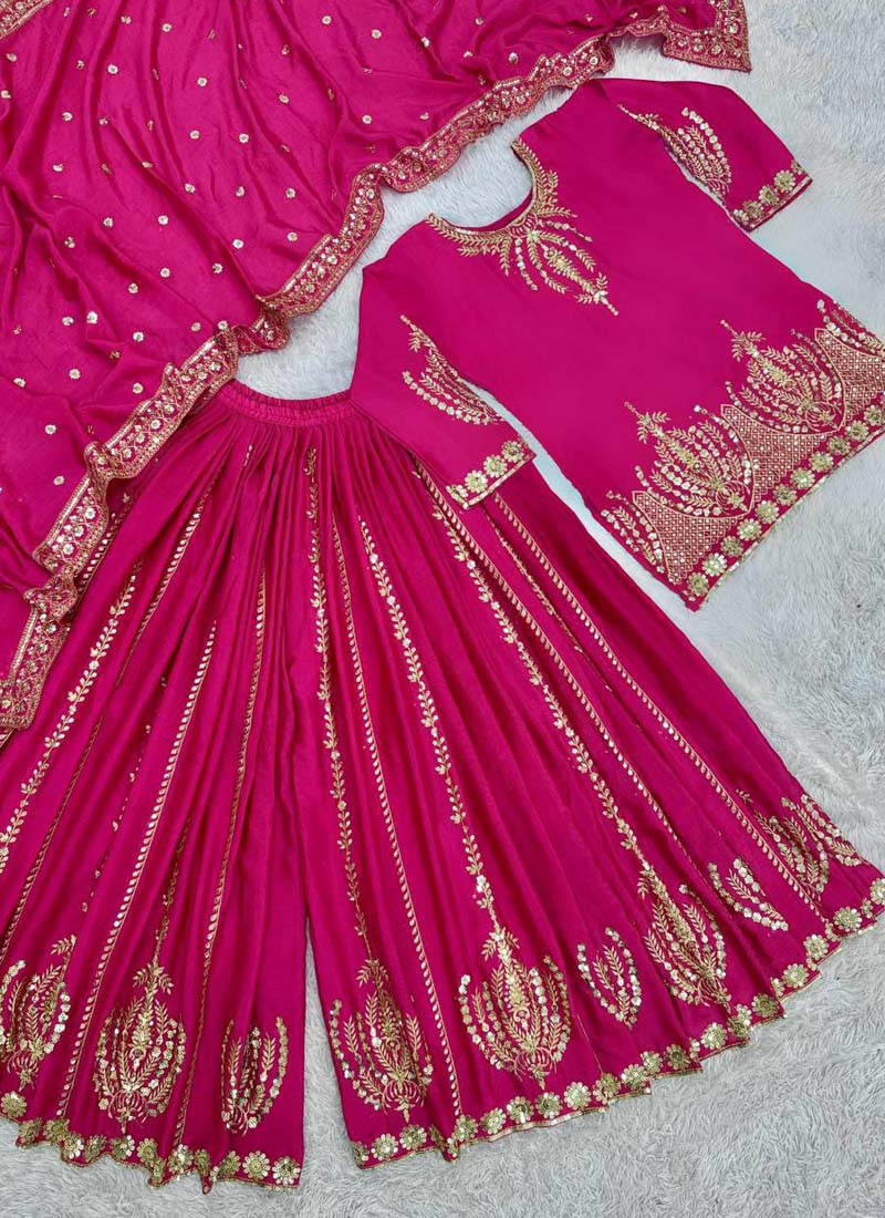 Prazu Fashion Pink Chinon Silk Embroidered Sharara Suit