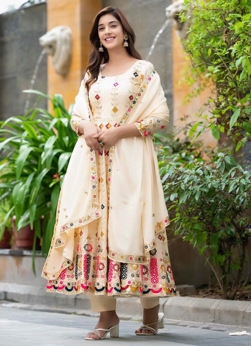 Cream Chinon Silk Embroidered Anarkali Suit Set