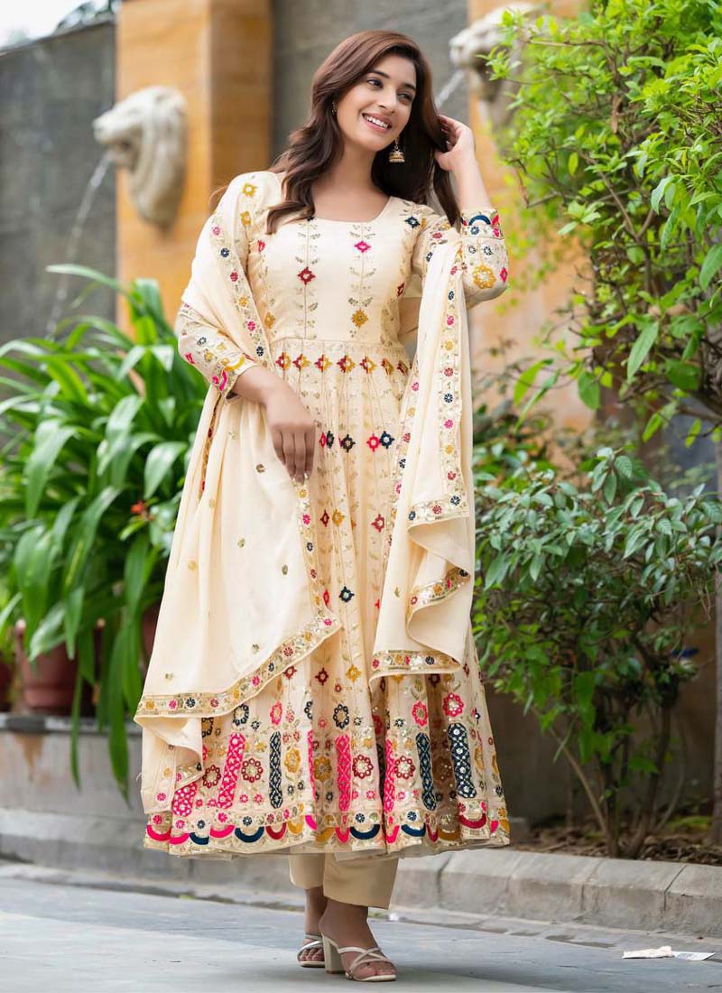 Cream Chinon Silk Embroidered Anarkali Suit Set