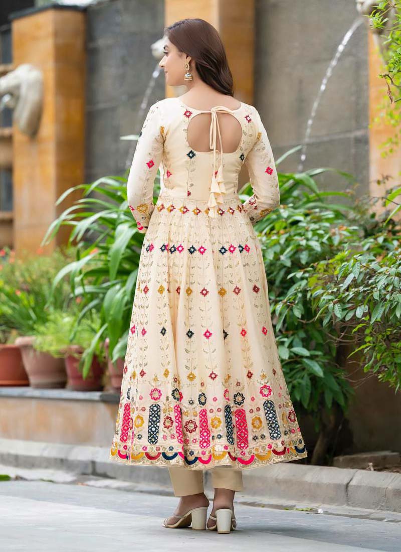 Cream Chinon Silk Embroidered Anarkali Suit Set
