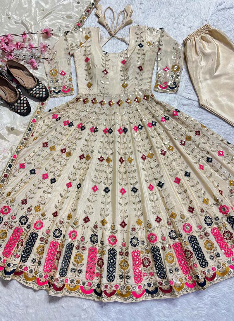 Cream Chinon Silk Embroidered Anarkali Suit Set