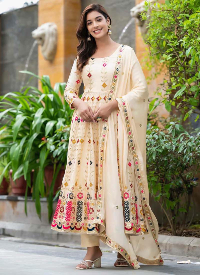 Cream Chinon silk Anarkali suit with intricate embroidery details