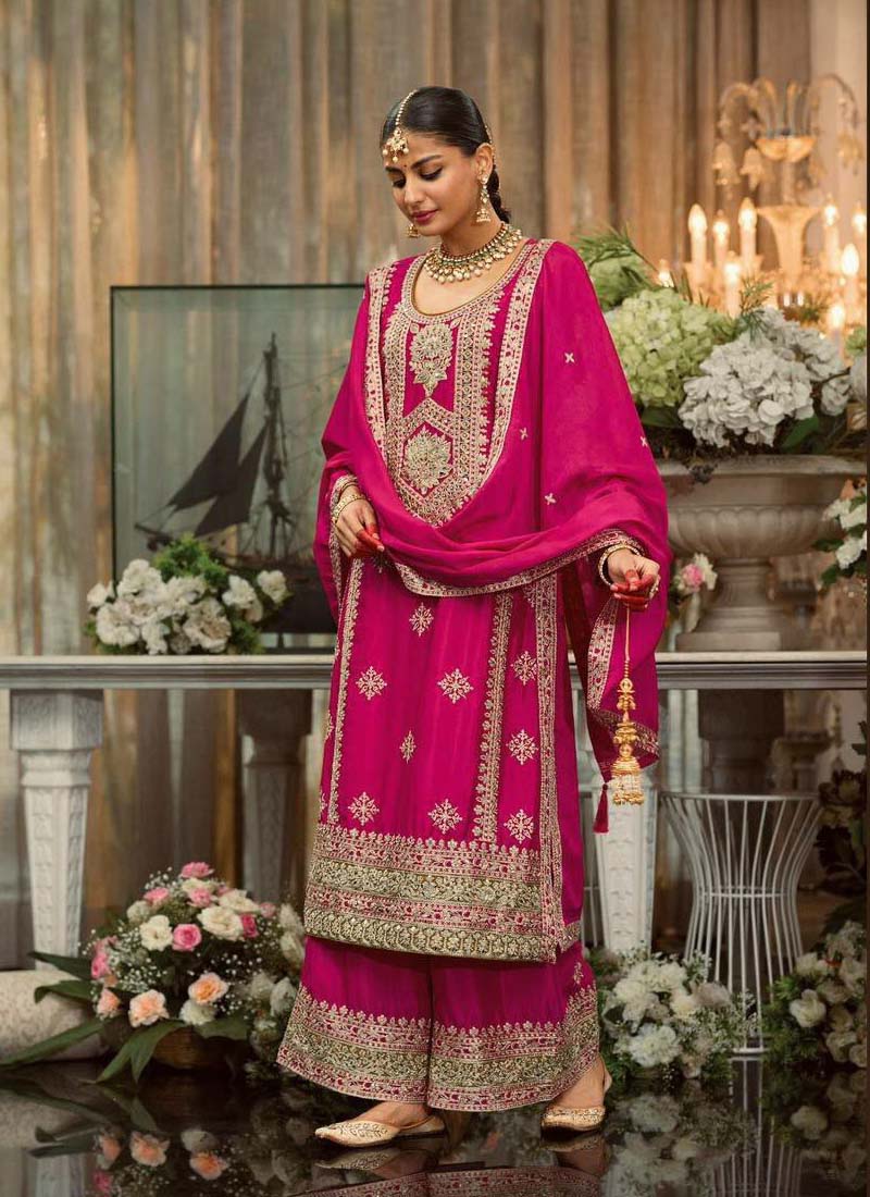 Pink Georgette Embroidered Palazzo Suit with Pearl Moti Work