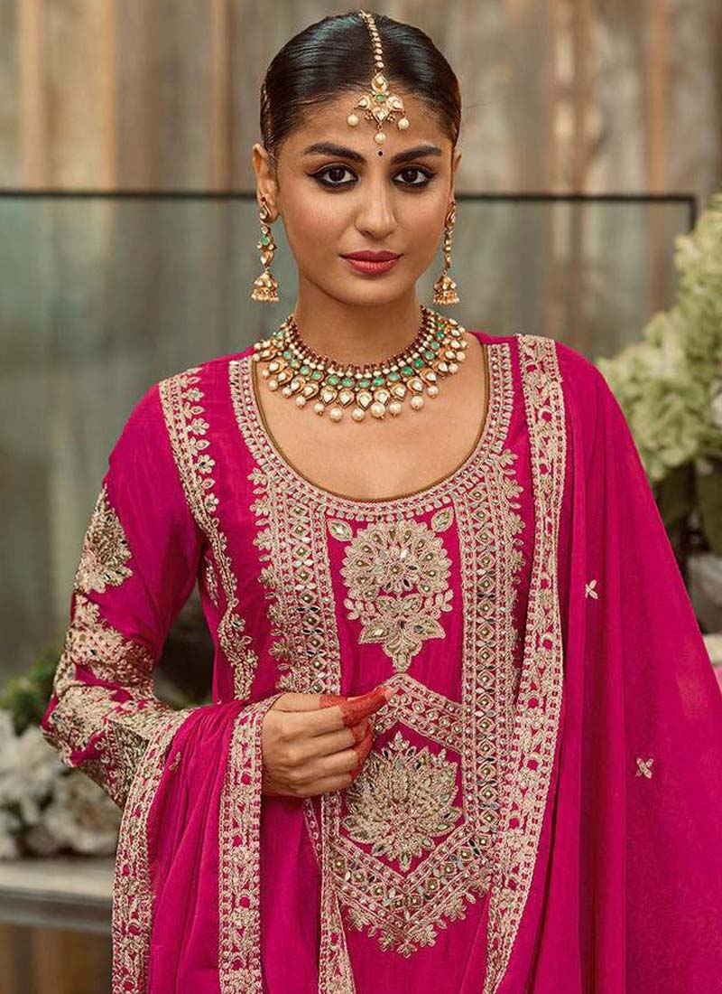 Pink Georgette Embroidered Palazzo Suit with Pearl Moti Work
