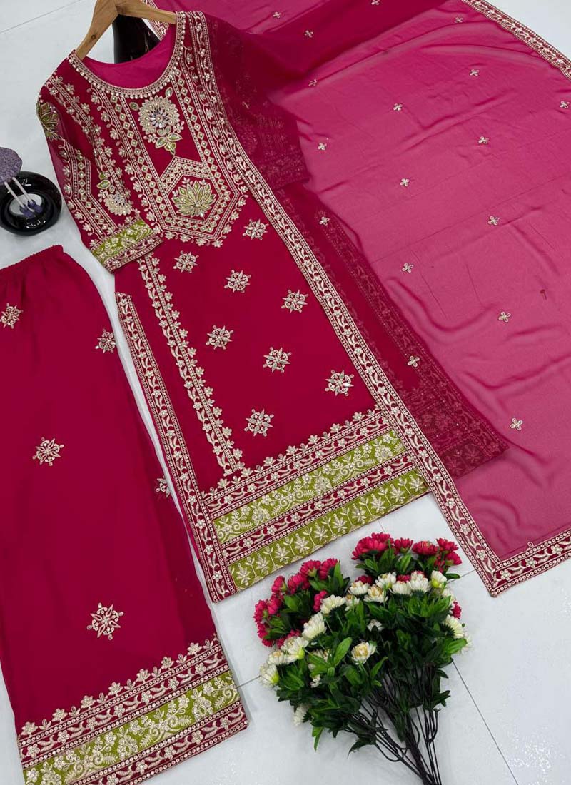 Pink Georgette Embroidered Palazzo Suit with Pearl Moti Work