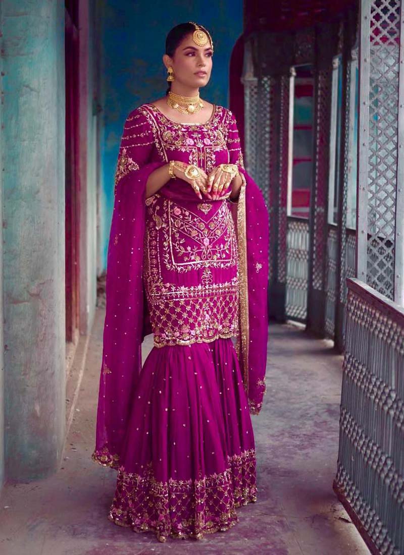 Purple Chinon Silk Embroidered Sharara Suit Set