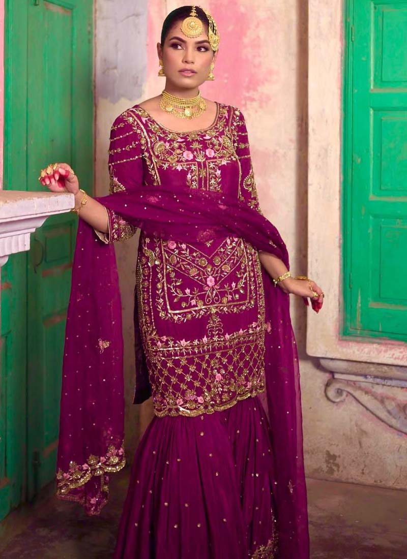 Purple Chinon Silk Embroidered Sharara Suit Set