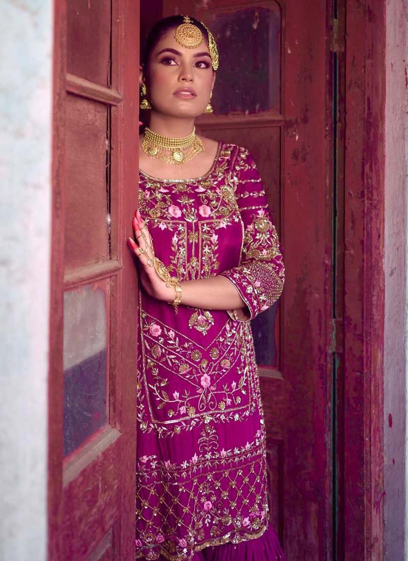 Purple Chinon Silk Embroidered Sharara Suit Set