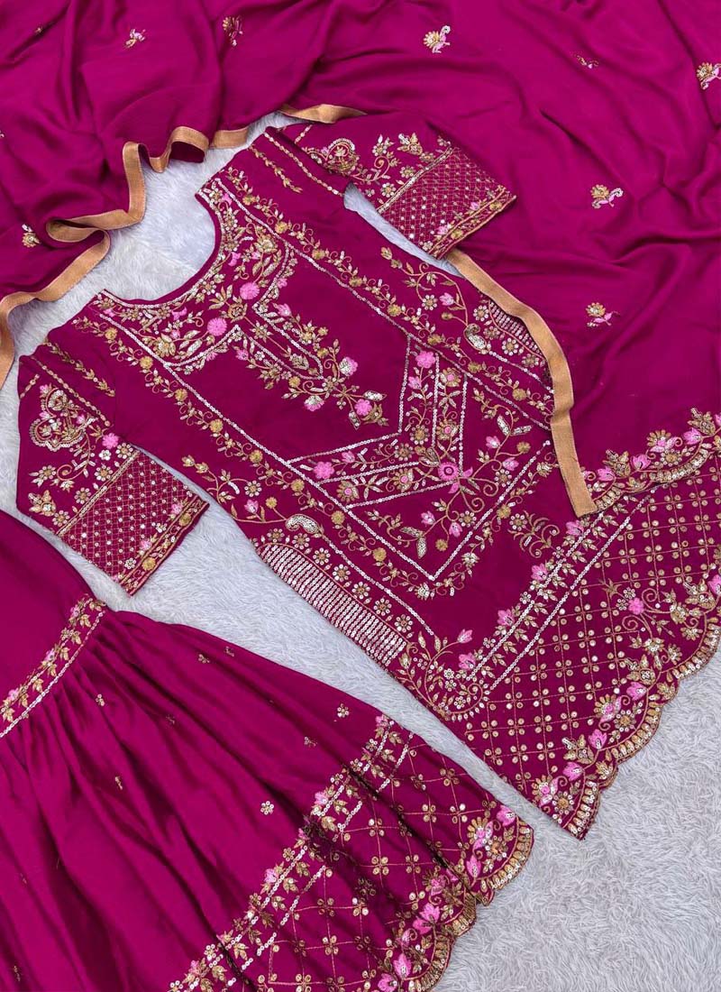 Purple Chinon Silk Embroidered Sharara Suit Set