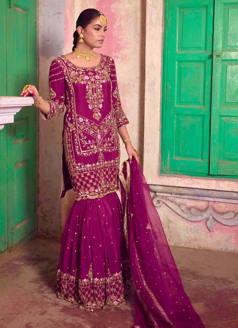 Elegant purple Chinon silk sharara suit with intricate embroidery work