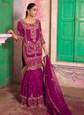 Elegant purple Chinon silk sharara suit with intricate embroidery work