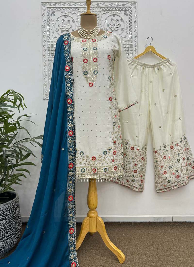 Off White Chinon Silk Embroidered Palazzo Suit