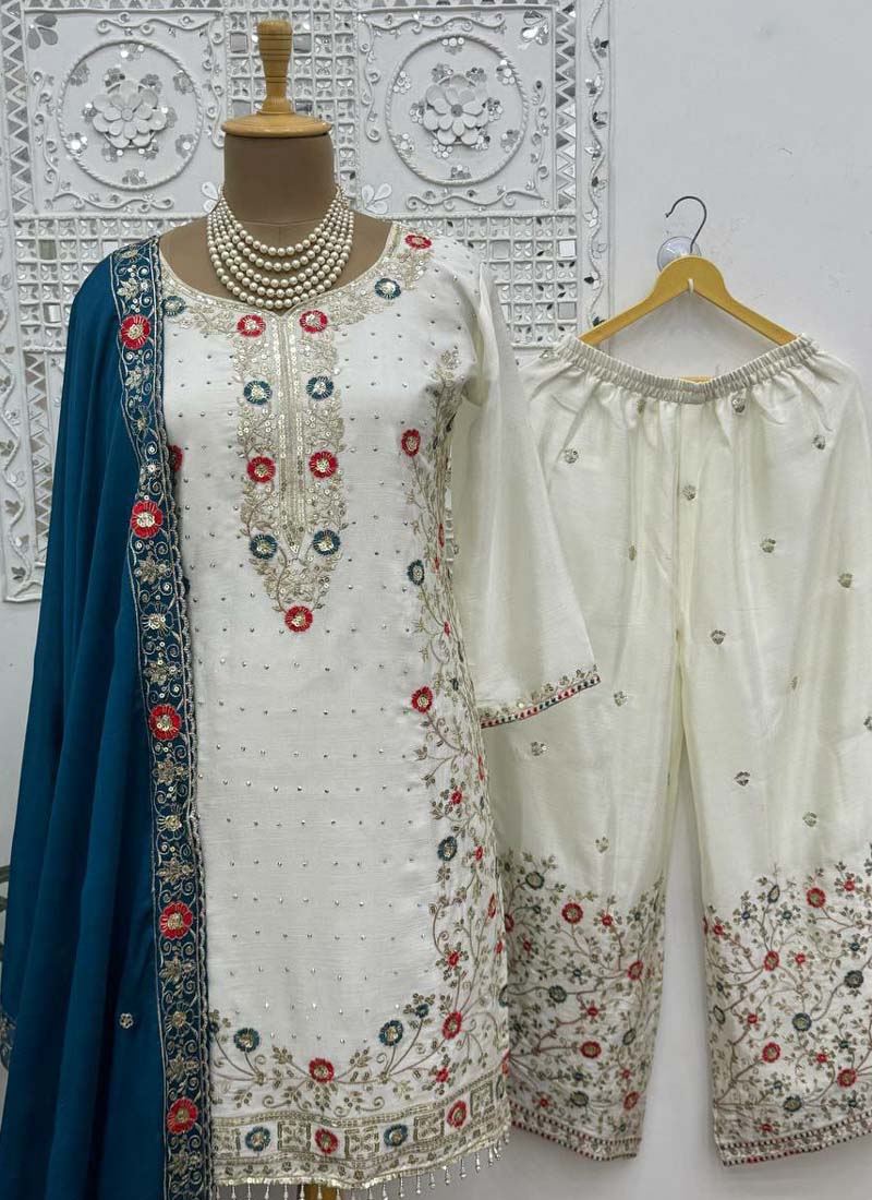 Off White Chinon Silk Embroidered Palazzo Suit