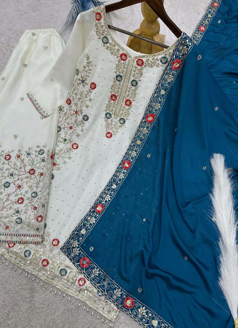 Off White Chinon Silk Embroidered Palazzo Suit