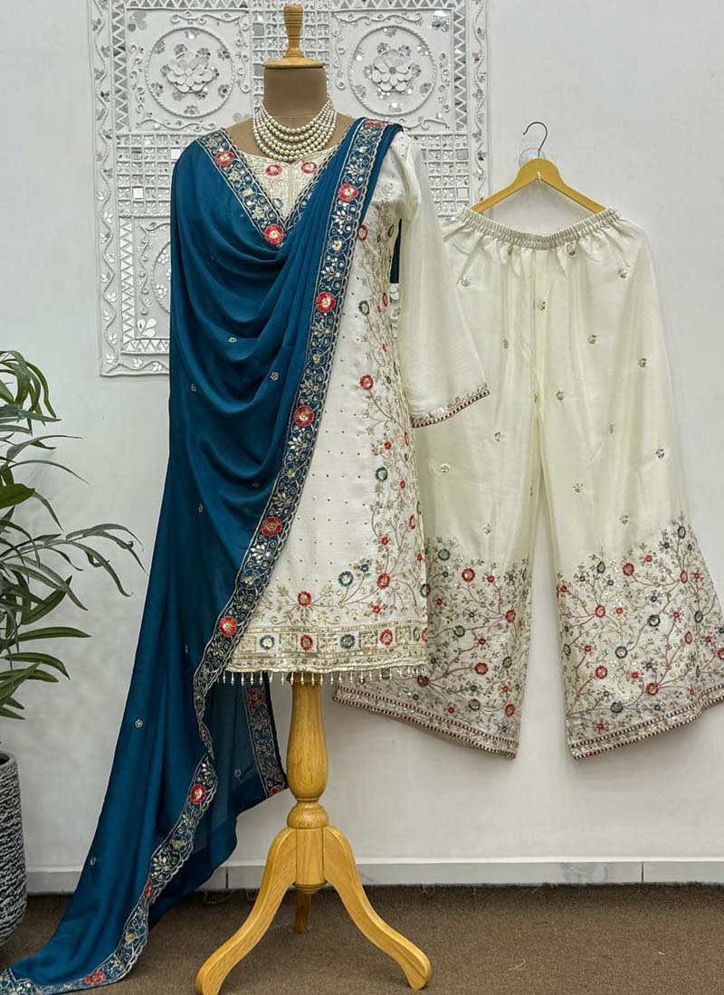 Off-white Chinon silk palazzo suit with heavy embroidery