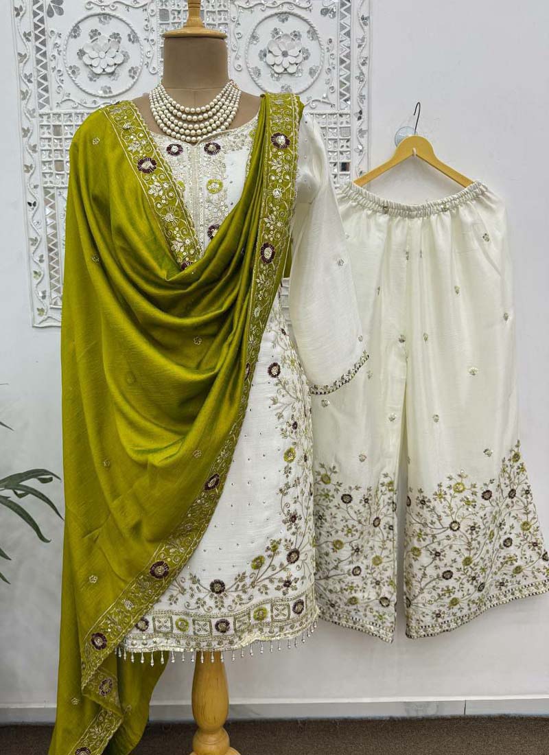 Off White Chinon Silk Embroidered Palazzo Suit