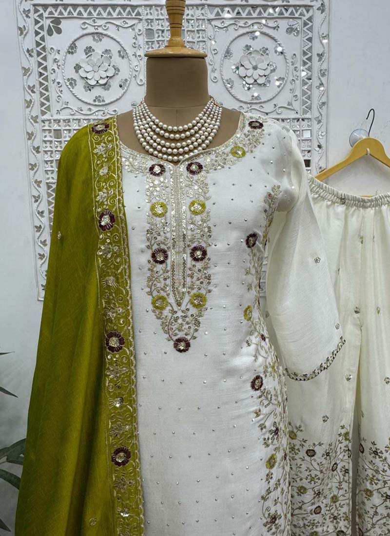 Off White Chinon Silk Embroidered Palazzo Suit