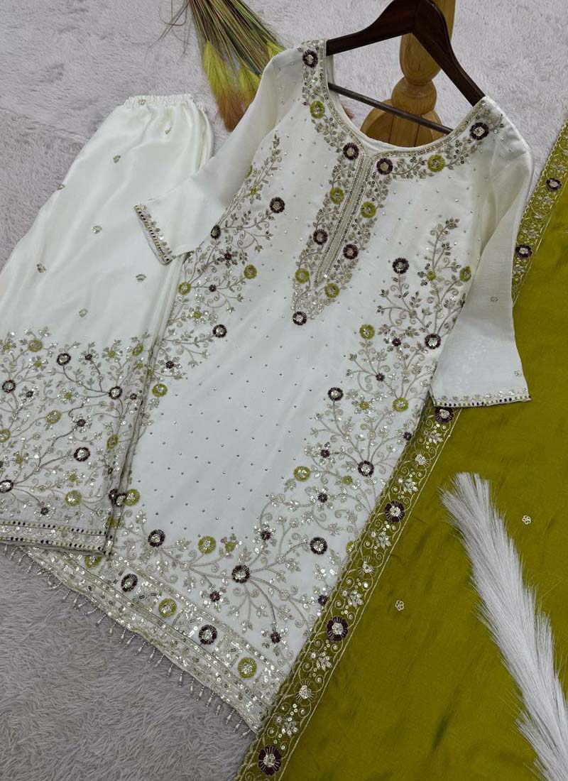 Off White Chinon Silk Embroidered Palazzo Suit