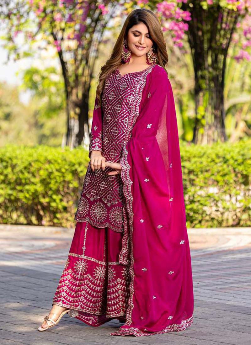 Pink Chinon Silk Thread Work Palazzo Suit Set