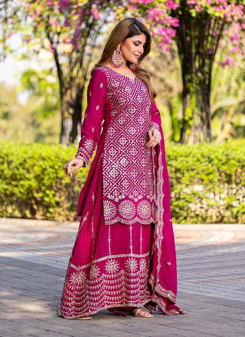 Pink Chinon Silk Thread Work Palazzo Suit Set
