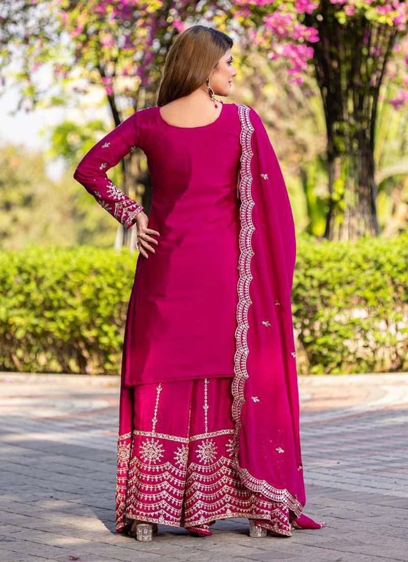 Pink Chinon Silk Thread Work Palazzo Suit Set