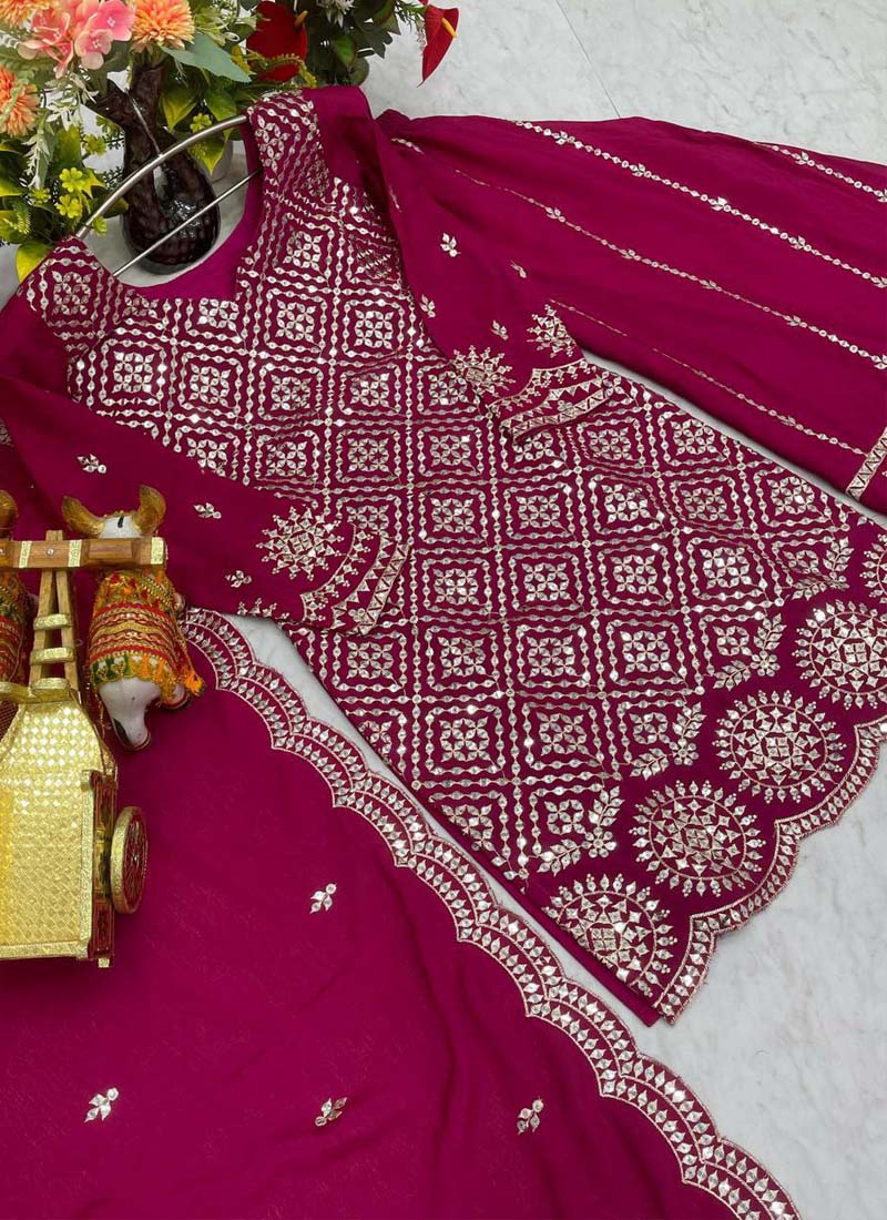 Pink Chinon Silk Thread Work Palazzo Suit Set